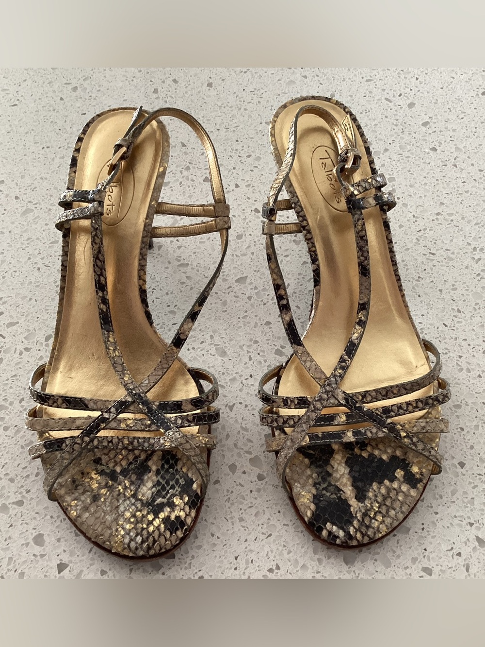 Talbots Gold and Black Snake-Print Strappy Sandals